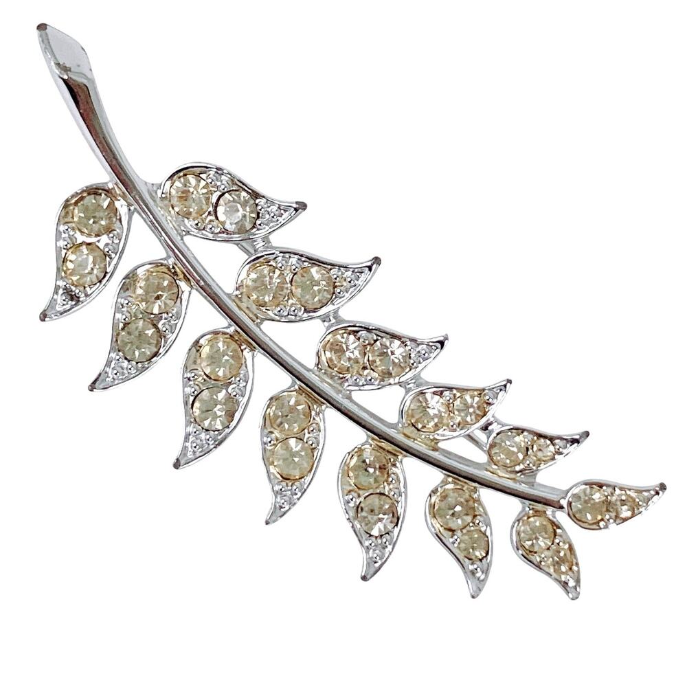 VTG 60s Signed Sarah Coventry Brooch Mid Century Silver Tone Rhinestone Leaf Pin